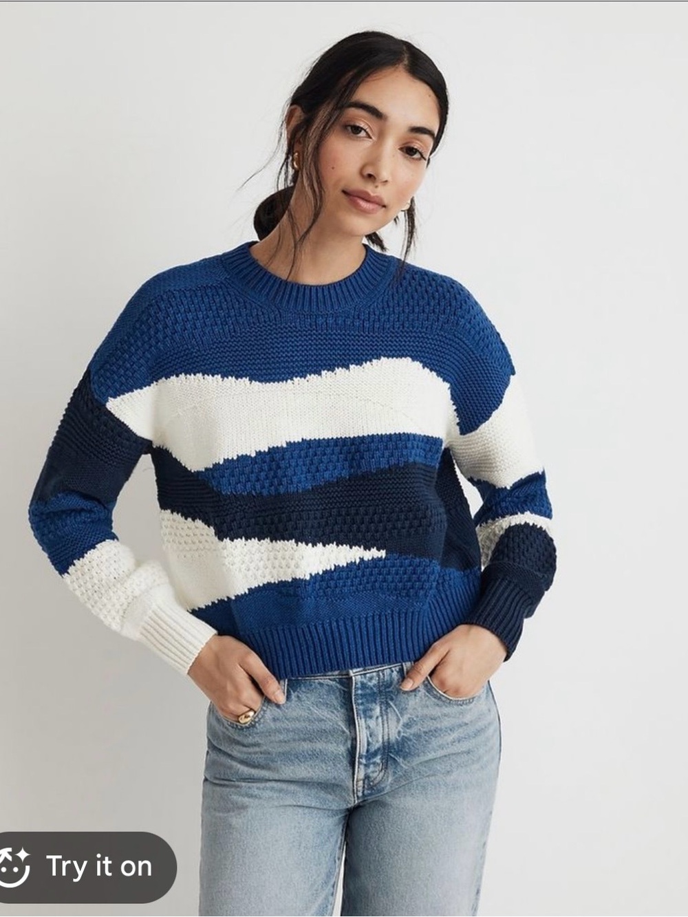 Madewell Blue, Navy & White Wave-Stripe Crewneck Sweater